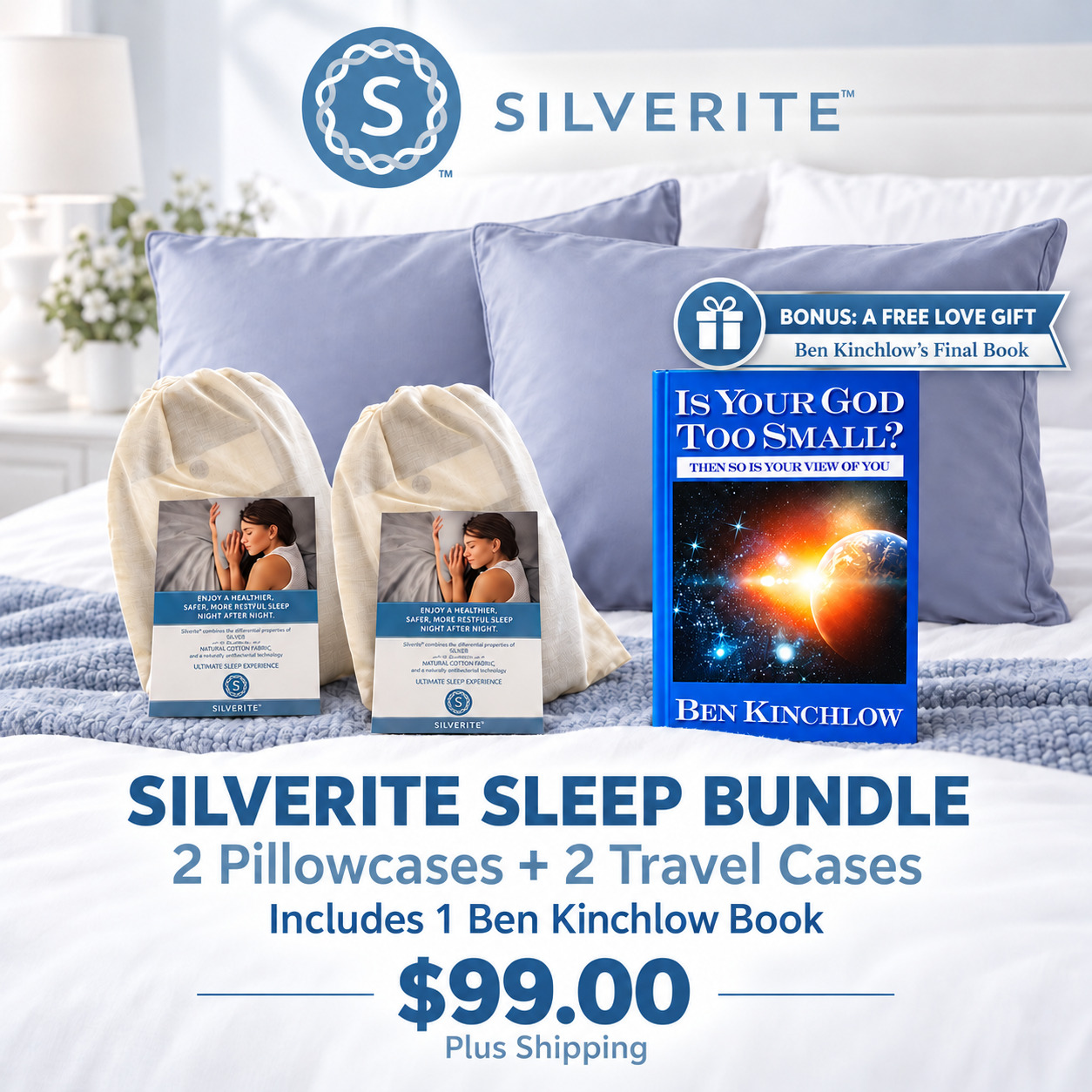 Silverite Sleep Bundle with two pillowcases, two travel cases, and Ben Kinchlow’s final book